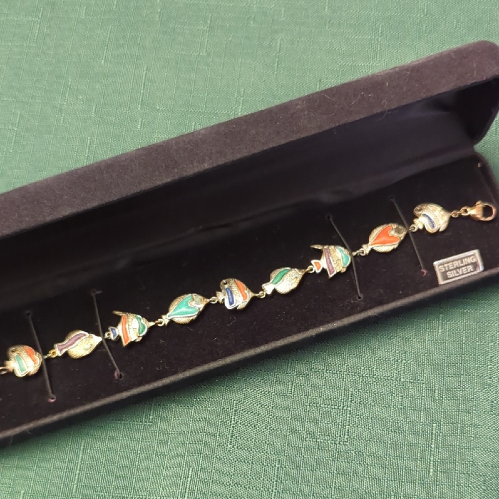 Vintage Elegant Multicolor Gemstone Sterling Silver Fish Bracelet